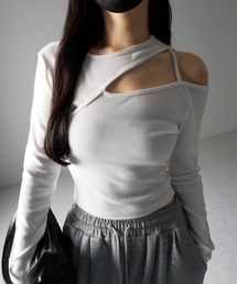 【 3color 】ショルダーカットアウトストラップリブトップス / shoulder cutout strap lib tops
