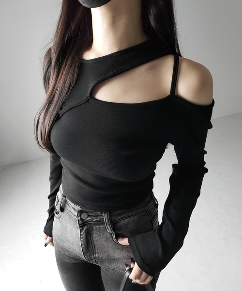 me+em select（ミームセレクト）の「【 ３color 】ショルダーカットアウトストラップリブトップス ／ shoulder cutout strap lib tops　※※（Tシャツ/カットソー・レディース・ホワイト/ブラック/グレー・FREE）」の9枚目の写真