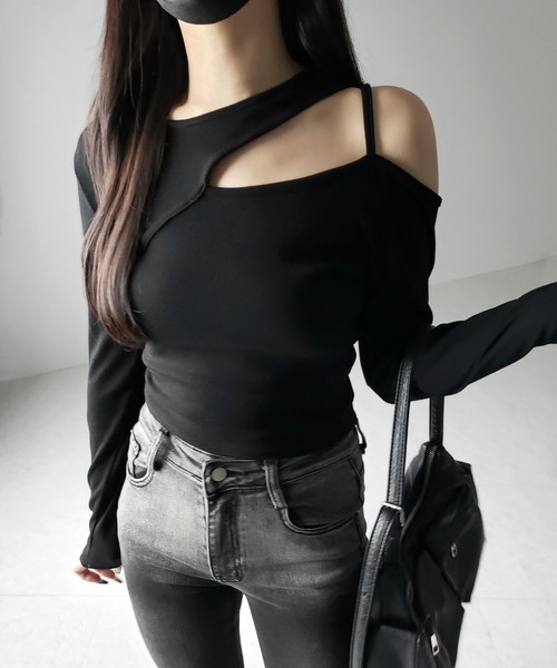 me+em select（ミームセレクト）の「【 ３color 】ショルダーカットアウトストラップリブトップス ／ shoulder cutout strap lib tops　※※（Tシャツ/カットソー・レディース・ホワイト/ブラック/グレー・FREE）」の10枚目の写真