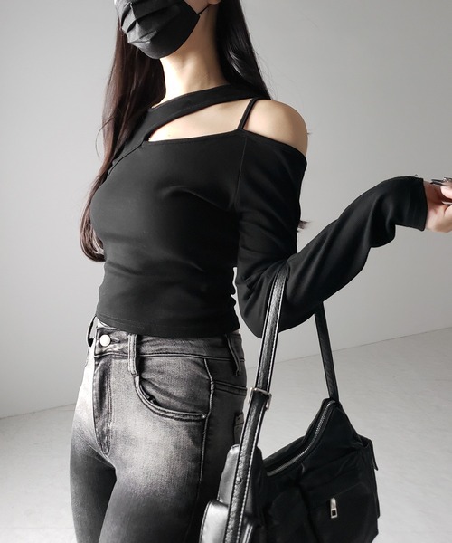 me+em select（ミームセレクト）の「【 ３color 】ショルダーカットアウトストラップリブトップス ／ shoulder cutout strap lib tops　※※（Tシャツ/カットソー・レディース・ホワイト/ブラック/グレー・FREE）」の11枚目の写真