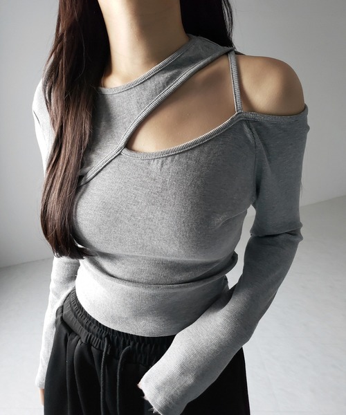 me+em select（ミームセレクト）の「【 ３color 】ショルダーカットアウトストラップリブトップス ／ shoulder cutout strap lib tops　※※（Tシャツ/カットソー・レディース・ホワイト/ブラック/グレー・FREE）」の18枚目の写真