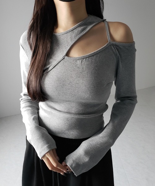 me+em select（ミームセレクト）の「【 ３color 】ショルダーカットアウトストラップリブトップス ／ shoulder cutout strap lib tops　※※（Tシャツ/カットソー・レディース・ホワイト/ブラック/グレー・FREE）」の20枚目の写真