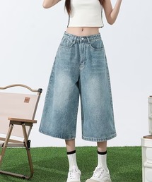 【Un】【it】【Lilamusant(リラミュゾン)】ヴィンテージライクワイドハーフデニムパンツ ウォッシュ加工 Y2K 韓国ストリート