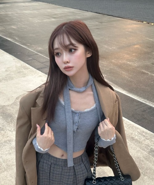 MAINLYTRULY（メインリィトゥルリィ）の「タイ付き ショート カーデ（カーディガン/ボレロ・レディース・グレー・M）」の11枚目の写真