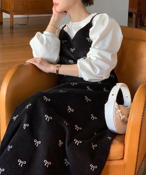 ABITOKYO(アビトーキョー)の「コーデュロイリボン柄Vネックキャミワンピース(ワンピース・レディース・ブラック/ベージュ・M/L/XL)」の6枚目の写真