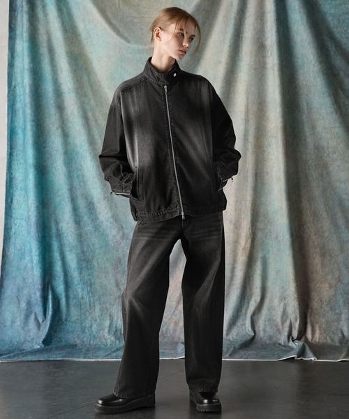 ヴィンテージ デニム ブルゾン スタンドカラー 無地 お洒落 韓国 SERACE（セラス）の「【SERACE】Vintage design stand neck