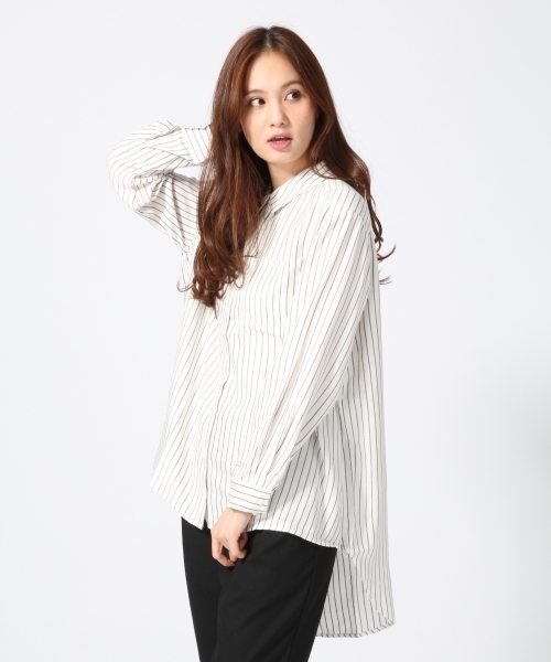 GLOBAL WORK（グローバルワーク）の「レーヨンロングシャツ長袖/568292（シャツ/ブラウス・レディース・ホワイト系その他/ホワイト/ネイビー/オフホワイト/グレー/その他/ダークブルー/イエロー/ワインレッド/その他1・MEDIUM/LARGE/SMALL）」の4枚目の写真