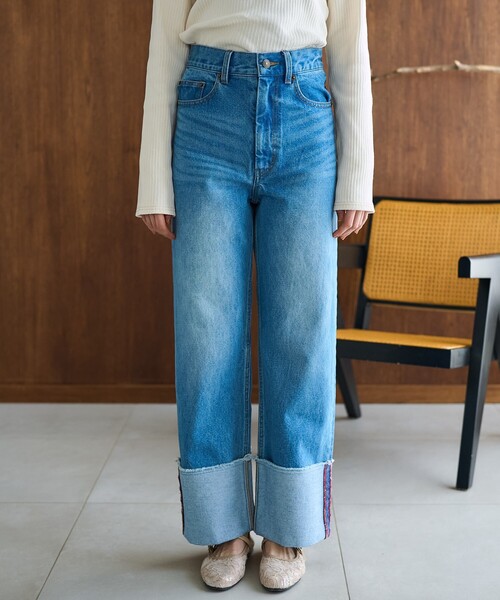 FREAK'S STORE(フリークスストア)の「ロールアップ ワイドデニム(デニムパンツ・レディース・ターコイズブルー/ネイビー/サックスブルー・SMALL/MEDIUM/LARGE)」の10枚目の写真