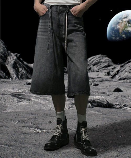 Nebula Fusion（ネビュラフュージョン）の「13oz denim double drawst baggy calf pants/13ozデニムダブルドロストバギーカーフパンツ（デニムパンツ・メンズ・ブラック/ブルー・L/M）」の6枚目の写真