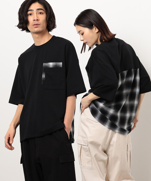 Purple&Yellow(パープルアンドイエロー)の「チェック切り替えプルオーバー(Tシャツ/カットソー・メンズ・オートミール/ブラック・SMALL/MEDIUM/LARGE)」の1枚目の写真