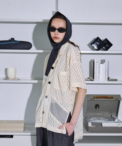 seyto サイズ1 / ジャガードレースメッシュハーフスリーブシャツ セール】Jaguard lace mesh half sleeve shirt / ジャガード