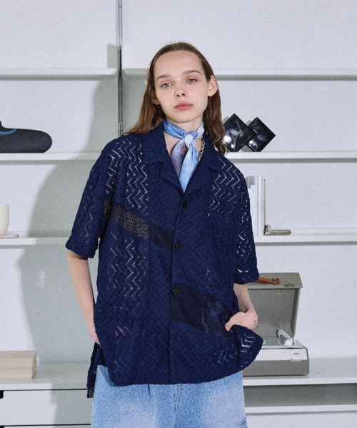 seyto ジャガードレースメッシュハーフスリーブシャツ セール】Jaguard lace mesh half sleeve shirt / ジャガード
