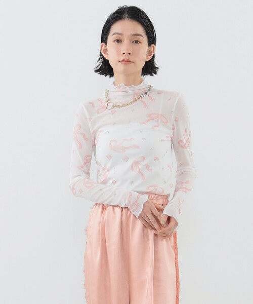 tシャツ リボンプリント ロングスリーブ カットソー レディース リボンプリント ロングスリーブ カットソー（Tシャツ/カットソー