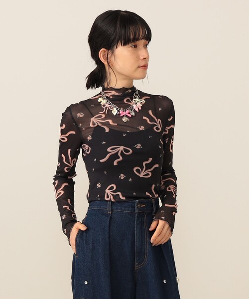 tシャツ リボンプリント ロングスリーブ カットソー レディース CAROLINA GLASER（カロリナ グレイサー）リボンプリント ロング