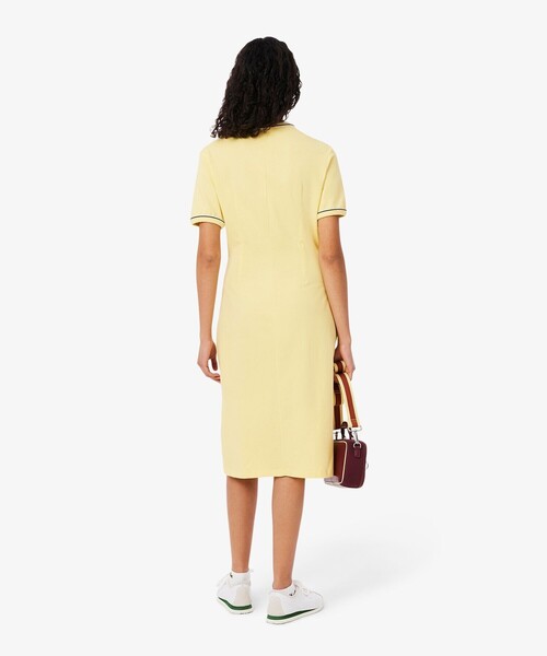 Lacoste★半袖 4ボタン留め ロゴ ミニ ワンピース ドレス★黄★ セール】配色ラインドリブTシャツドレス ワンピース（ワンピース