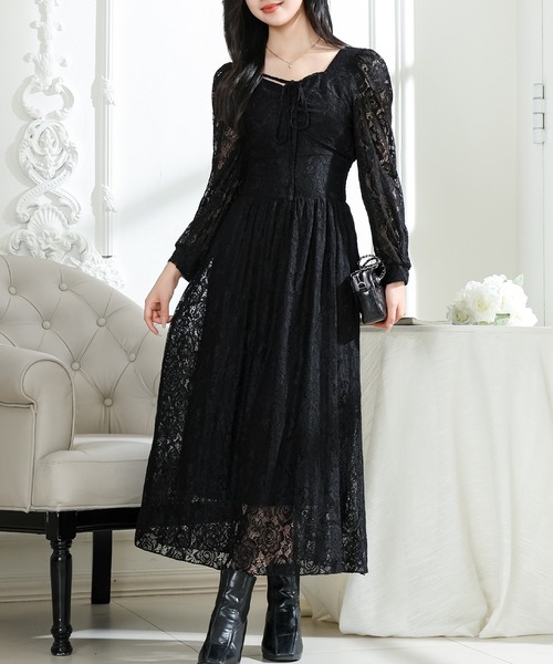 Lace Ladies(レースレディース)の「総レース ウエスト 切り替え タックスリーブ ロング ワンピース(ワンピース・レディース・ピンク/ブラック/アイボリー・S/FREE)」の9枚目の写真