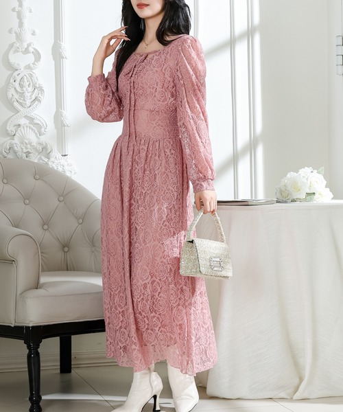 Lace Ladies(レースレディース)の「総レース ウエスト 切り替え タックスリーブ ロング ワンピース(ワンピース・レディース・ピンク/ブラック/アイボリー・S/FREE)」の4枚目の写真
