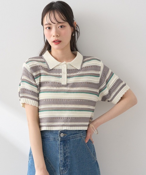 earth music&ecology(アースミュージックアンドエコロジー)の「キラキラボタン透かしニットポロ(Tシャツ/カットソー・レディース・アイボリー/ブラック/ブルー系その他/グレー系その他4・FREE)」の4枚目の写真