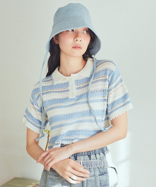 earth music&ecology(アースミュージックアンドエコロジー)の「キラキラボタン透かしニットポロ(Tシャツ/カットソー・レディース・アイボリー/ブラック/ブルー系その他/グレー系その他4・FREE)」の5枚目の写真