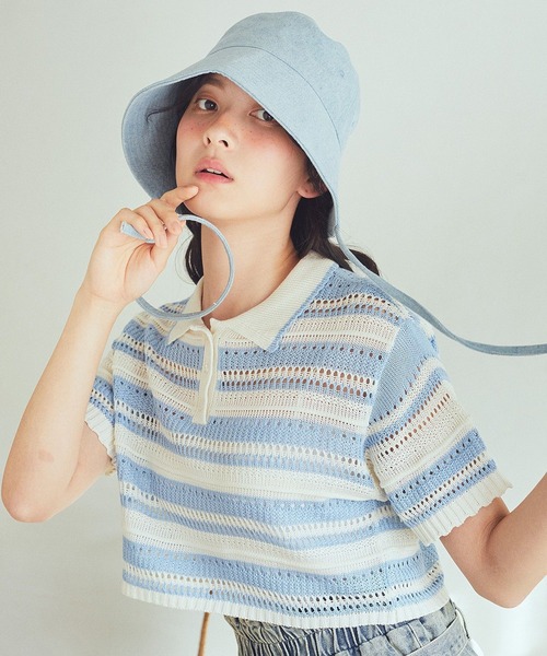 earth music&ecology(アースミュージックアンドエコロジー)の「キラキラボタン透かしニットポロ(Tシャツ/カットソー・レディース・アイボリー/ブラック/ブルー系その他/グレー系その他4・FREE)」の6枚目の写真