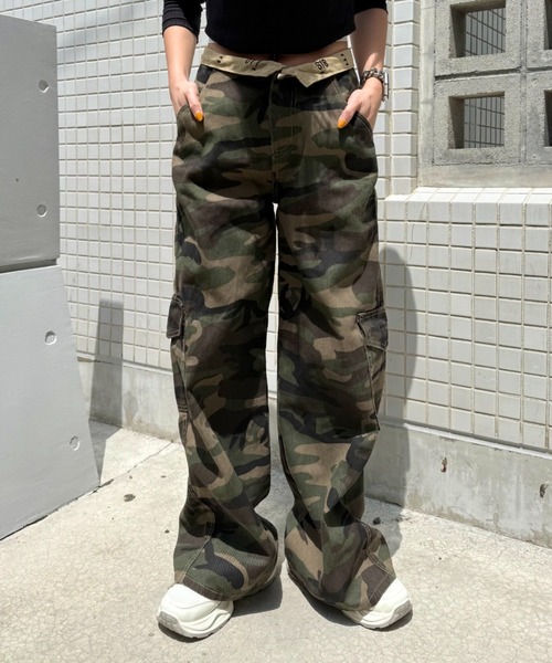 セール】ウエスト折り返しカモフラワイドパンツ（カーゴパンツ