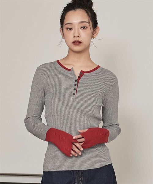 miette(ミエット)の「ハーフボタン配色リブニット(ニット/セーター・レディース・ブラウン/チャコール/ブラック/アイボリー/グレー・FREE)」の1枚目の写真