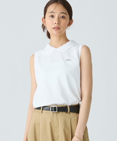 LACOSTE / ラコステ コットン鹿の子 メッシュカラー バックボタンノースリーブポロシャツ セール】コットン鹿の子 メッシュカラー バックボタン