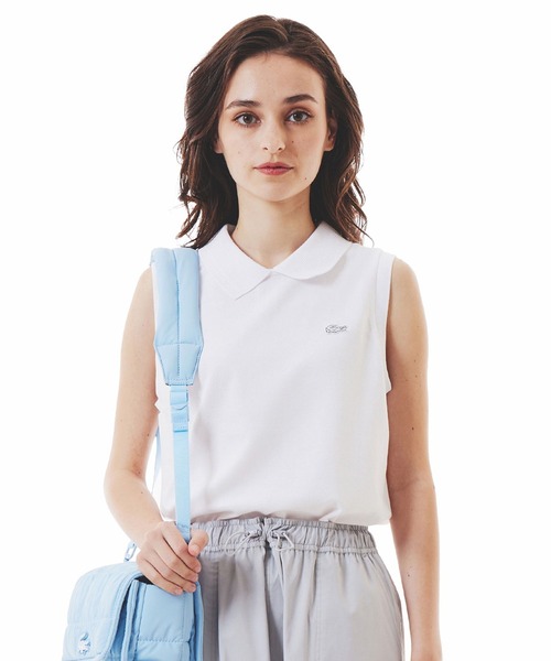 LACOSTE(ラコステ)の「コットン鹿の子 メッシュカラー バックボタンノースリーブポロシャツ(ポロシャツ・レディース・ブラック/ホワイト・34/36/40/38)」の4枚目の写真
