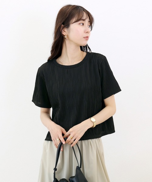Aletta vita(アレッタビータ)の「ウェーブジャガード半袖プルオーバー(Tシャツ/カットソー・レディース・ブラック/オフホワイト・M)」の4枚目の写真