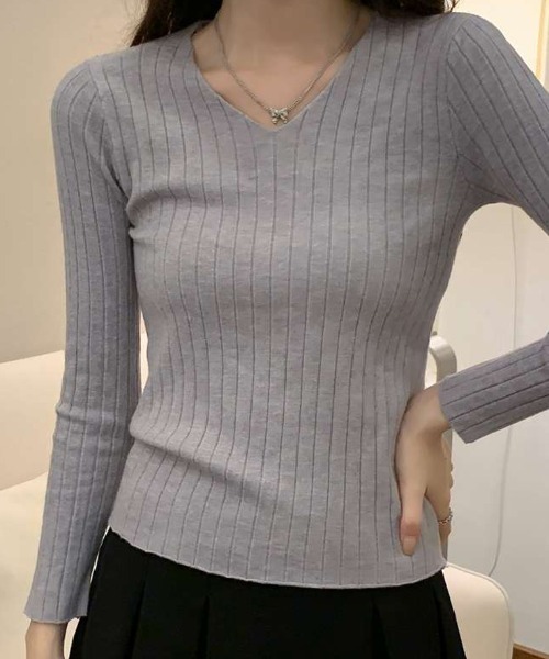 shoppinggo(ショッピングゴー)の「ニットセーター春物 レディース 長袖 Vネック(Tシャツ/カットソー・レディース・キャメル/グレー/ブラウン/ベージュ/ブラック・FREE)」の9枚目の写真
