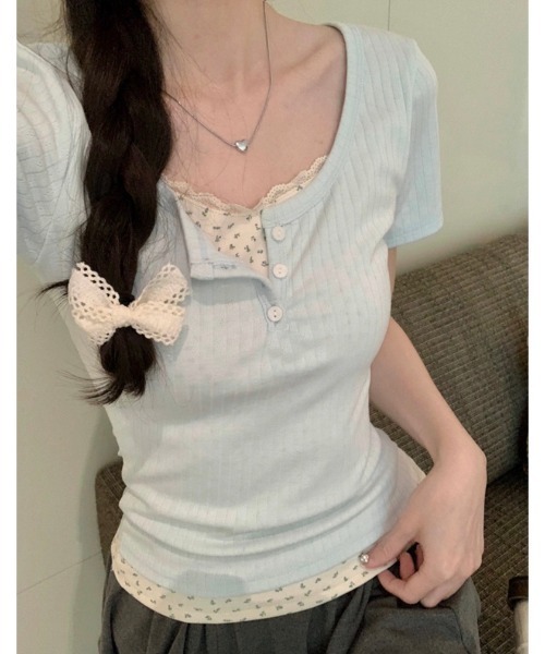 LADY LIKE(レディライク)の「ヘンリーネックレイヤード風半袖トップス(Tシャツ/カットソー・レディース・ネイビー/アイボリー/サックスブルー・M/S/L)」の11枚目の写真