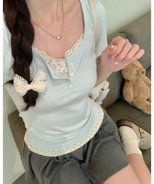 LADY LIKE(レディライク)の「ヘンリーネックレイヤード風半袖トップス(Tシャツ/カットソー・レディース・ネイビー/アイボリー/サックスブルー・M/S/L)」の12枚目の写真
