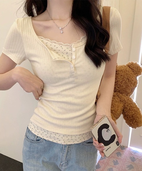 LADY LIKE(レディライク)の「ヘンリーネックレイヤード風半袖トップス(Tシャツ/カットソー・レディース・ネイビー/アイボリー/サックスブルー・M/S/L)」の15枚目の写真