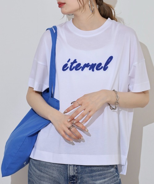 BRODIAEA(ブローディア)の「BRODIAEA 配色パイルロゴ半袖Tシャツ(Tシャツ/カットソー・レディース・ロイヤルブルー/ベージュ/オフホワイト/ネイビー・40)」の5枚目の写真