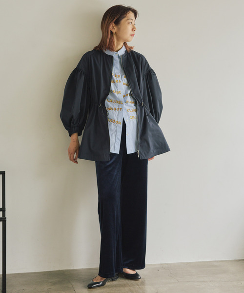 VERMEIL par iena ノーカラーギャザーZIPブルゾン　ブラック ノーカラーギャザーZIPブルゾン（その他アウター）｜VERMEIL par