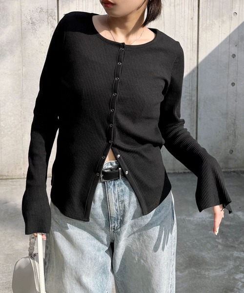 andme（アンドミー）の「セルフカットリブスナップボタン長袖カーディガントップス（カーディガン/ボレロ・レディース・キナリ/スミクロ/杢グレー/ダークブラウン/ブラック・M）」の3枚目の写真