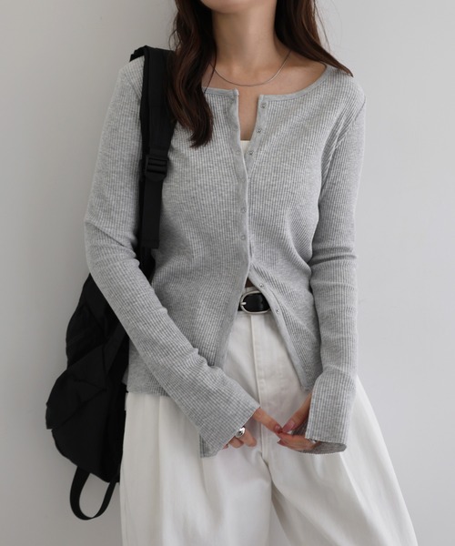 andme（アンドミー）の「セルフカットリブスナップボタン長袖カーディガントップス（カーディガン/ボレロ・レディース・キナリ/スミクロ/杢グレー/ダークブラウン/ブラック・M）」の11枚目の写真