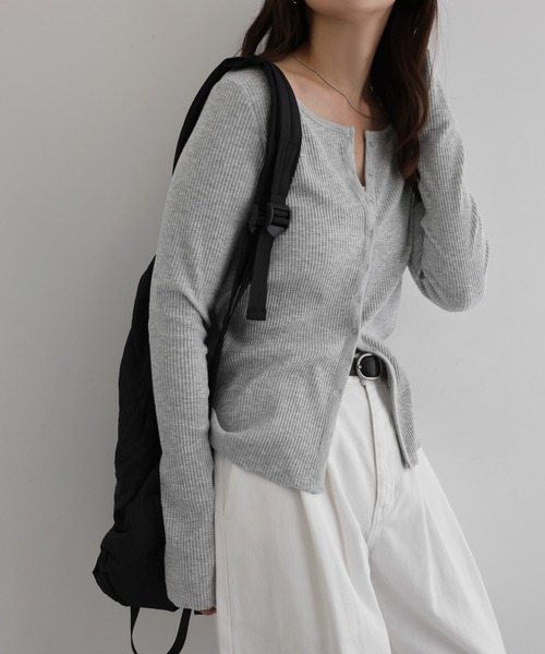 andme（アンドミー）の「セルフカットリブスナップボタン長袖カーディガントップス（カーディガン/ボレロ・レディース・キナリ/スミクロ/杢グレー/ダークブラウン/ブラック・M）」の13枚目の写真