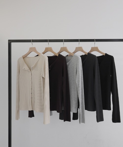 andme（アンドミー）の「セルフカットリブスナップボタン長袖カーディガントップス（カーディガン/ボレロ・レディース・キナリ/スミクロ/杢グレー/ダークブラウン/ブラック・M）」の7枚目の写真