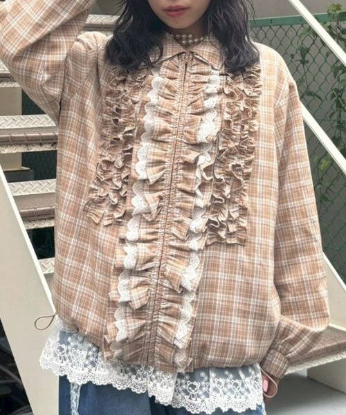 Candy Stripper（キャンディストリッパー）の「CHECK FRILL ジャケット（ノーカラージャケット・レディース・ベージュ/レッド/ブラック・FREE）」の3枚目の写真