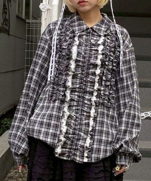 Candy Stripper（キャンディストリッパー）の「CHECK FRILL ジャケット（ノーカラージャケット・レディース・ベージュ/レッド/ブラック・FREE）」の2枚目の写真