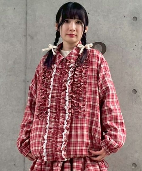Candy Stripper（キャンディストリッパー）の「CHECK FRILL ジャケット（ノーカラージャケット・レディース・ベージュ/レッド/ブラック・FREE）」の15枚目の写真