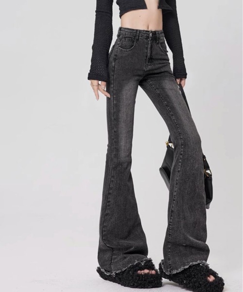 IRO★BERRY RUFFLE DENIM 裾フレアデニムパンツ セール】【履き心地抜群！】ピンタックフレアデニムパンツ