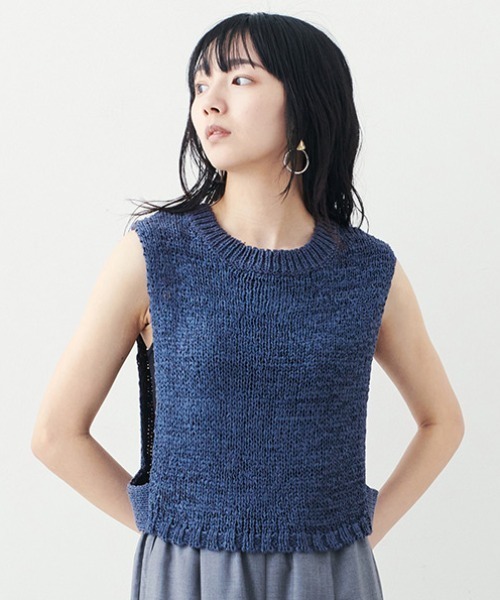 MEDE19F(メデジュウキュウ)の「BRAND NEW MIX STYLE さらっとモードなテープヤーンショートベスト(ベスト・レディース・ホワイト/ネイビー・3L/LL/L/M/S)」の2枚目の写真