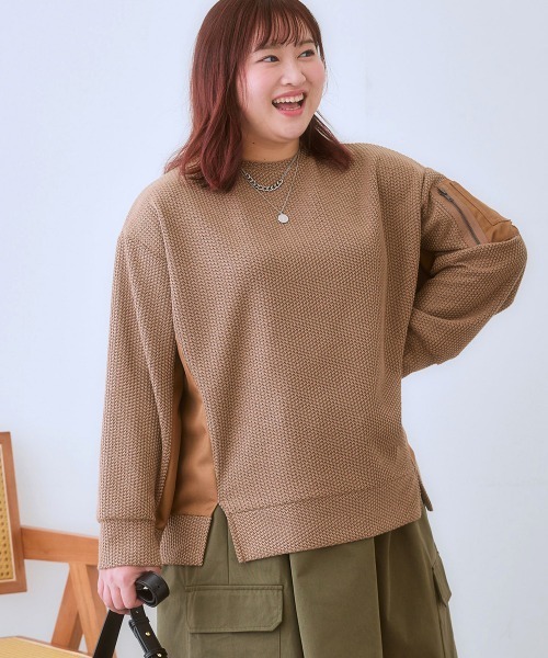 SMILE LAND(スマイルランド)の「<大きいサイズ>異素材使い袖ポケット変わりカノコカットソープルオーバー(Tシャツ/カットソー・レディース・ブラック/ブラウン系・5L/4L/3L/LL/L)」の2枚目の写真