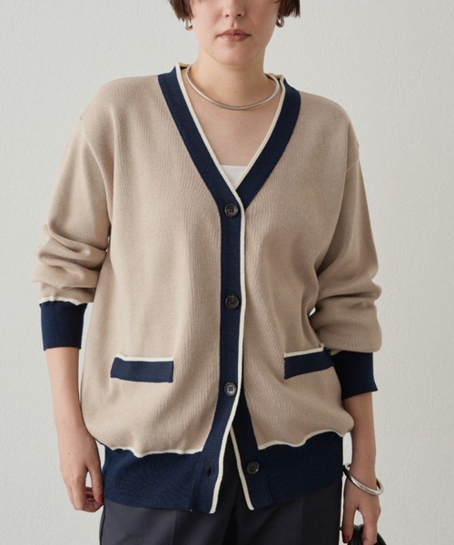 LOUNGEDRESS(ラウンジドレス)の「配色ラインニットカーデ(ニット/セーター・レディース・ベージュ/ネイビー・FREE)」の1枚目の写真