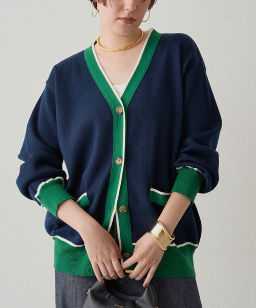 LOUNGEDRESS(ラウンジドレス)の「配色ラインニットカーデ(ニット/セーター・レディース・ベージュ/ネイビー・FREE)」の2枚目の写真