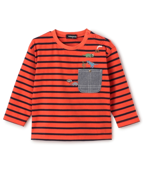 kladskap（クレードスコープ）の「恐竜胸ポケットボーダー長袖Tシャツ（Tシャツ/カットソー・キッズ・ライトブルー/レッド・80ｃｍ/100cm/120cm/130cm/90cm/110cm）」の2枚目の写真