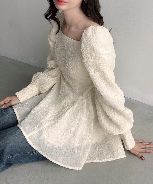 Meiru(メイル)の「スクエアネックジャガードペプラムトップス(薄手)(シャツ/ブラウス・レディース・ブルー系その他/ブラック/クリーム・SMALL/MEDIUM/LARGE)」の8枚目の写真