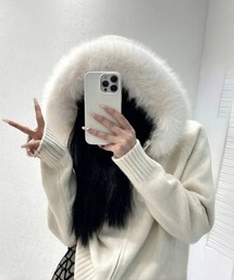 ファーフードニットジップパーカー